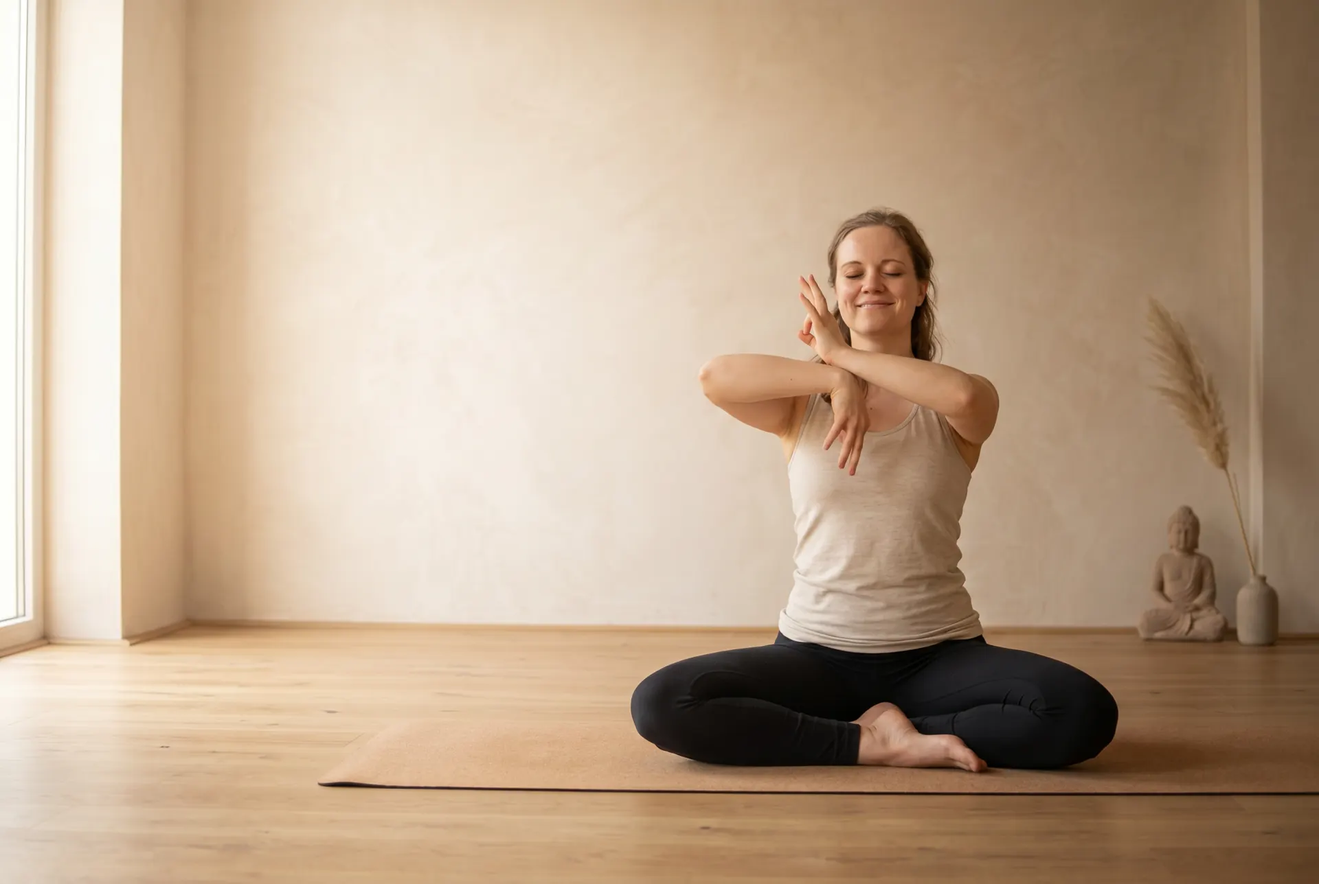 Frau im Schneidersitz auf einer Yogamatte in einem hellen Kursraum